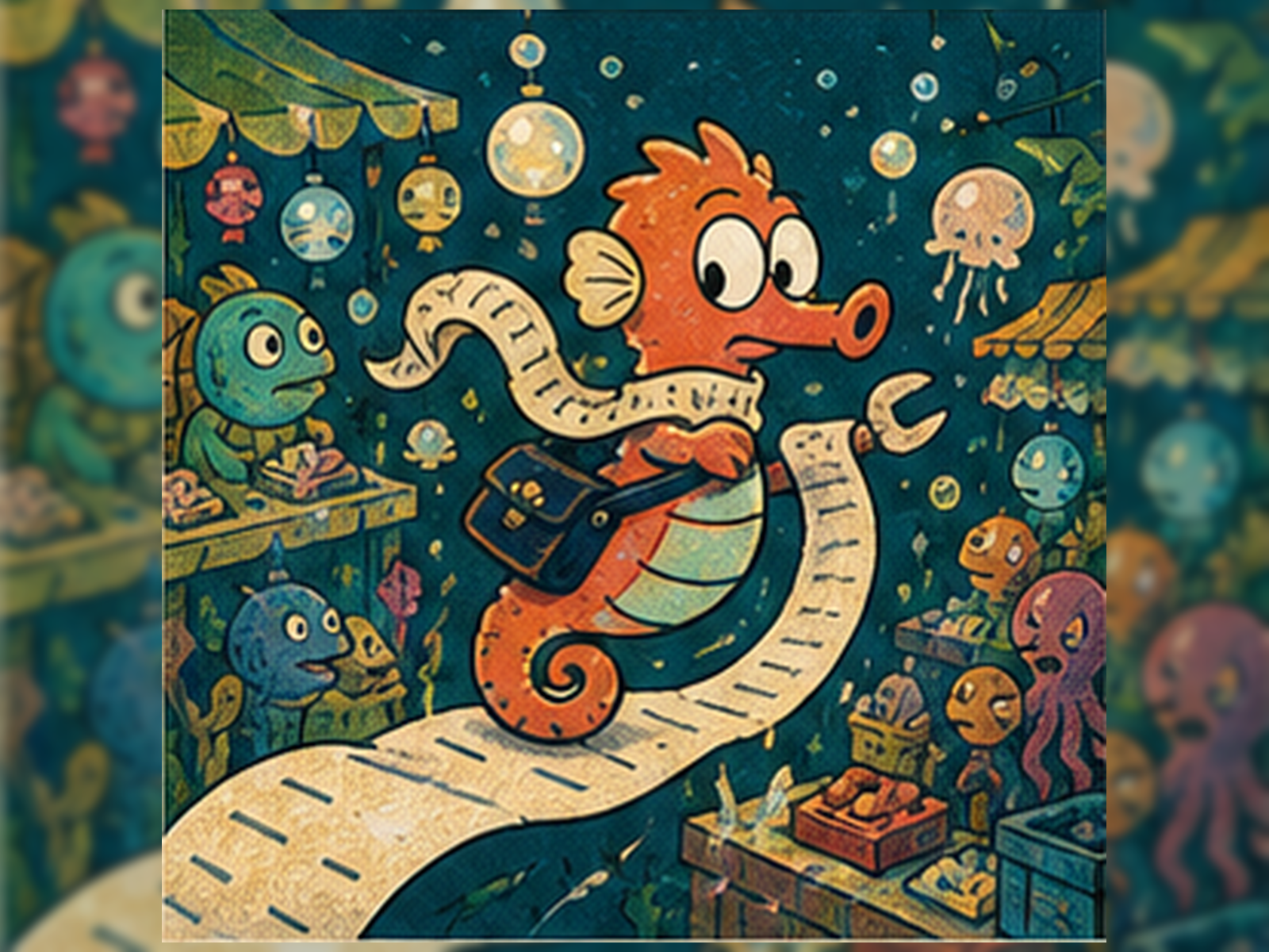 Kelpip the seahorse courier riding a curling receipt through an underwater market.