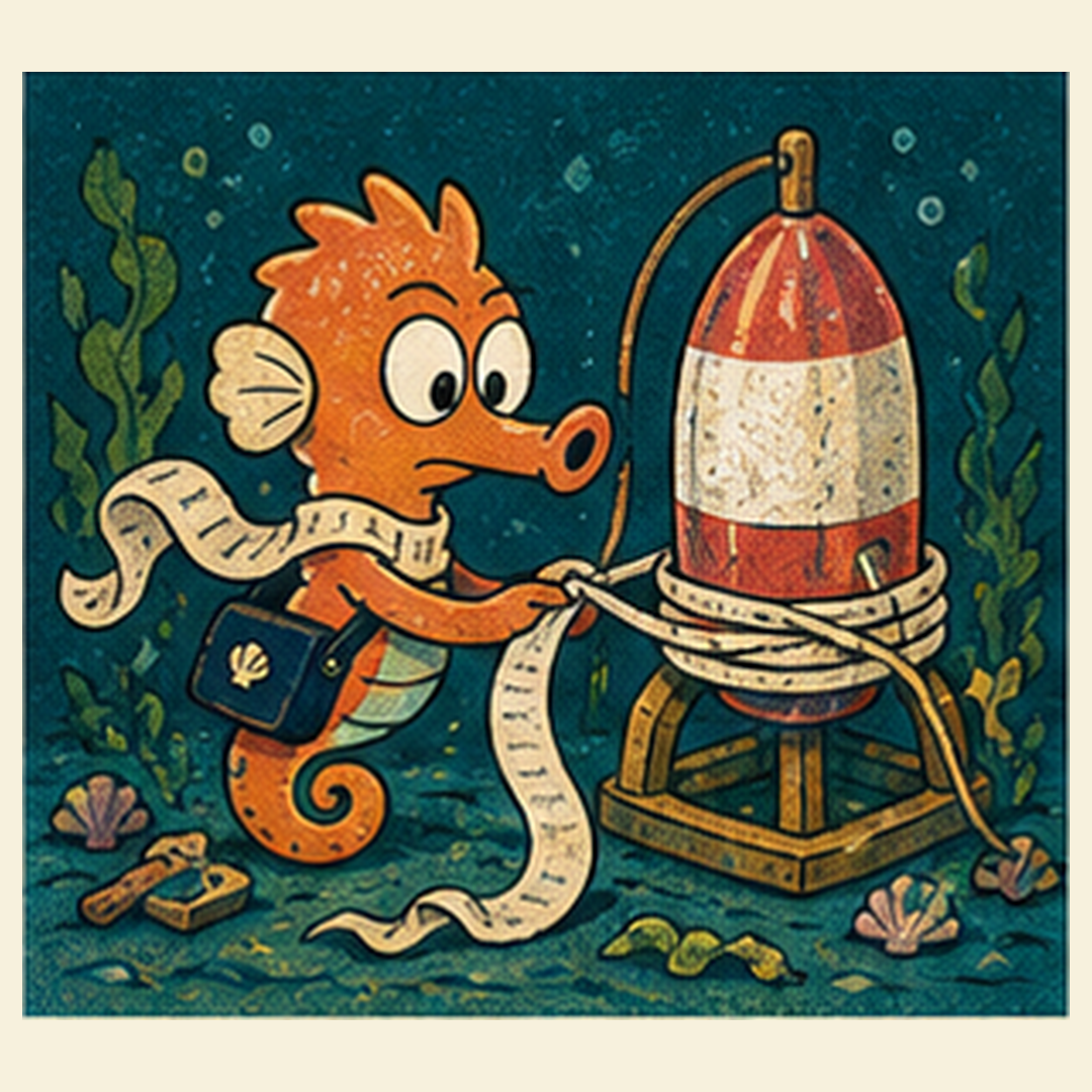 Kelpip ties a receipt ribbon to a buoy rocket.
